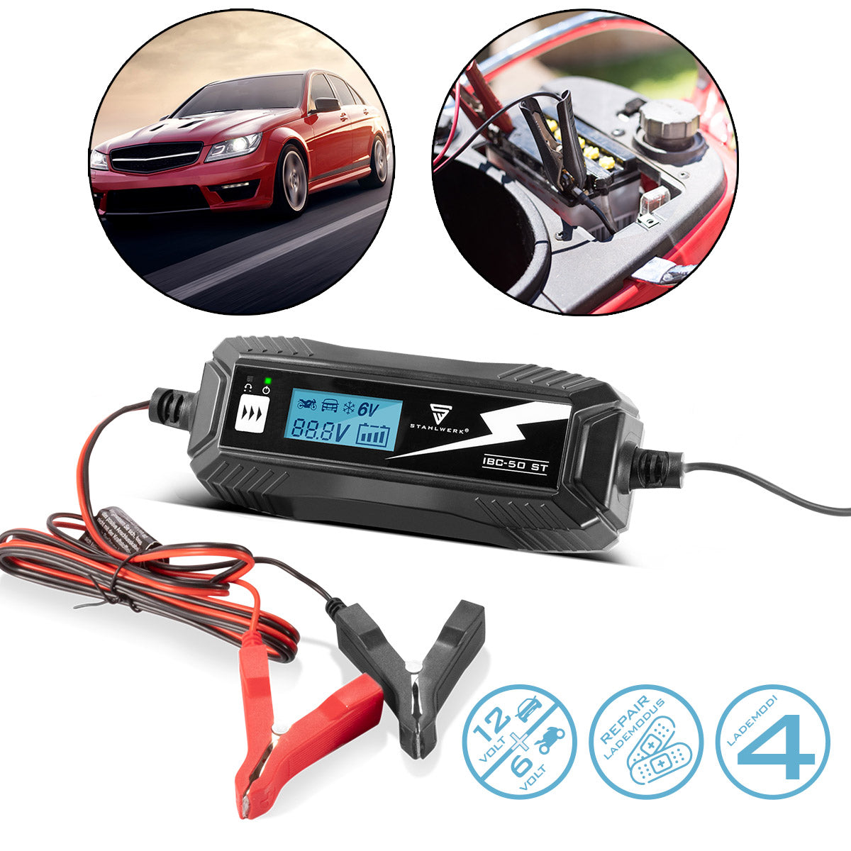 Caricatore della batteria in acciaio IBC-50 ST con microprocessore e 4 latedii per 6 V/12V AGM, VRLA, MF, SLA e Gel Batterie | Caricatore intelligente per auto e moto