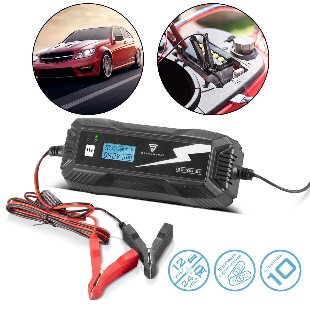 STAHLWERK Batterieladegerät IBC-100 ST mit Mikroprozessor und 10 Lademodi für 12V/24V AGM, VRLA, MF, SLA und GEL-Batterien | Intelligentes Ladegerät für Auto und Motorrad