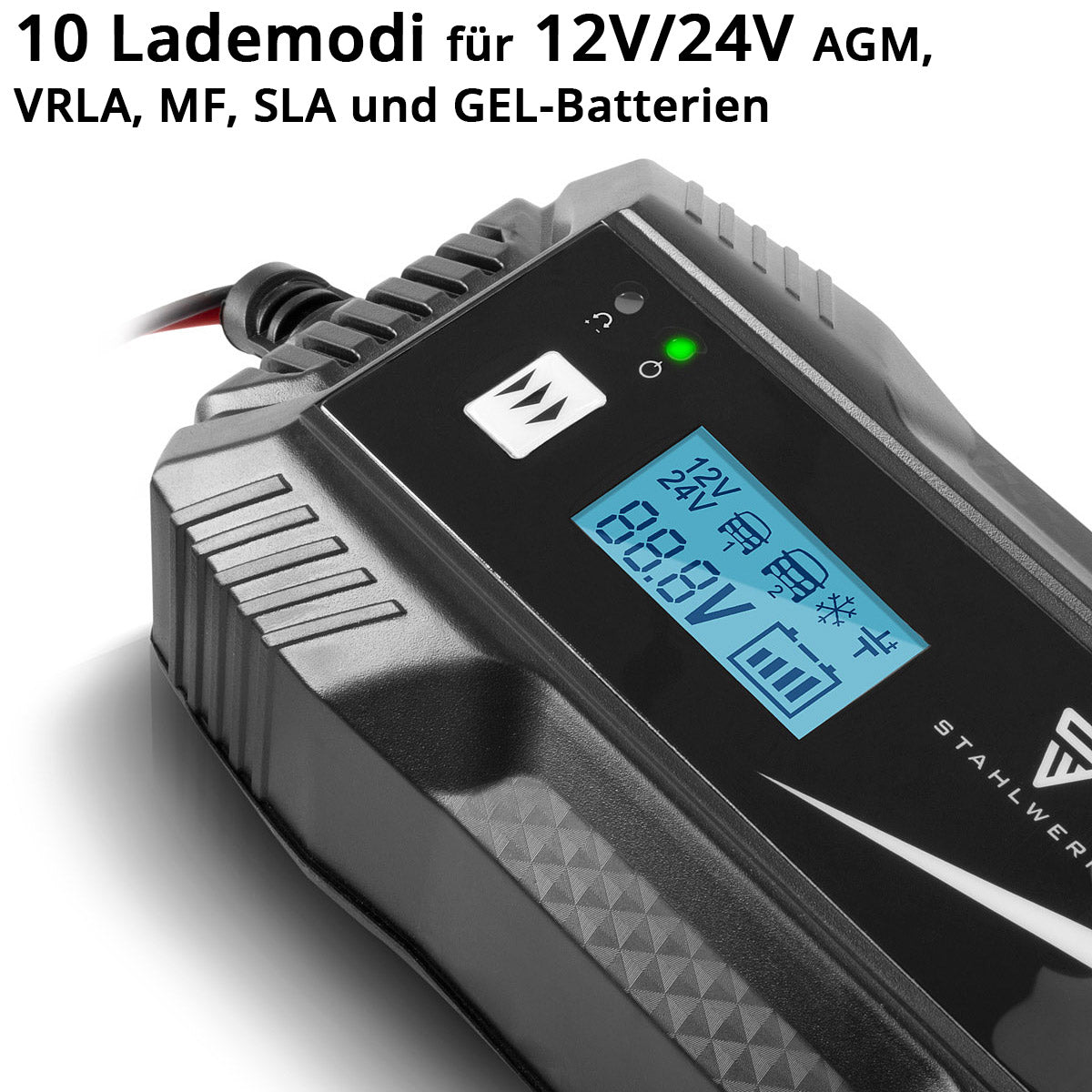 STAHLWERK Batterieladegerät IBC-100 ST mit Mikroprozessor und 10 Lademodi für 12V/24V AGM, VRLA, MF, SLA und GEL-Batterien | Intelligentes Ladegerät für Auto und Motorrad