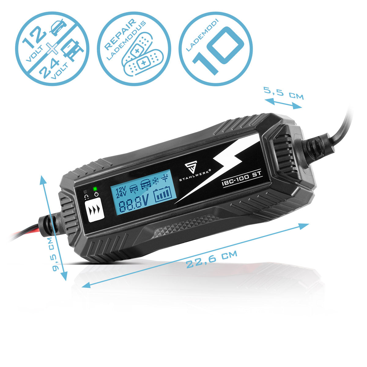 STAHLWERK Batterieladegerät IBC-100 ST mit Mikroprozessor und 10 Lademodi für 12V/24V AGM, VRLA, MF, SLA und GEL-Batterien | Intelligentes Ladegerät für Auto und Motorrad