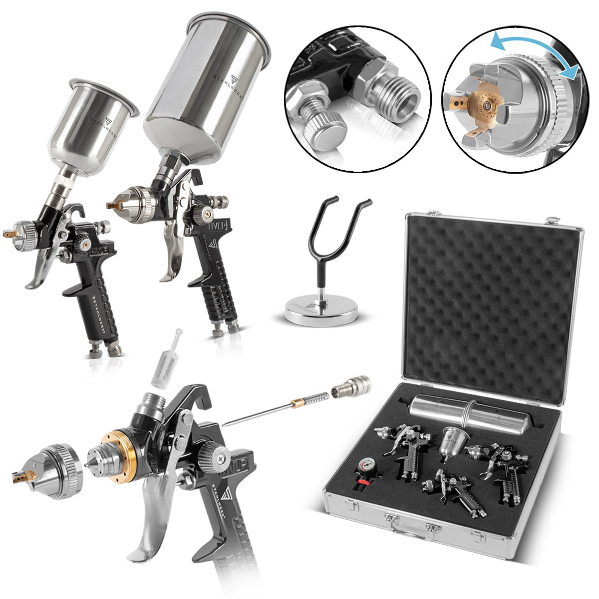 STAHLWERK HVLP paint gun set SGS-1125 ST 21 pieces with 3 compressed air paint guns, 0.8 / 1.4 / 1.7 mm nozzle set, paint gun holder, 3 flow cups, air pressure regulator, aluminum case and much more. Professional paint set / spray gun / spray gun
