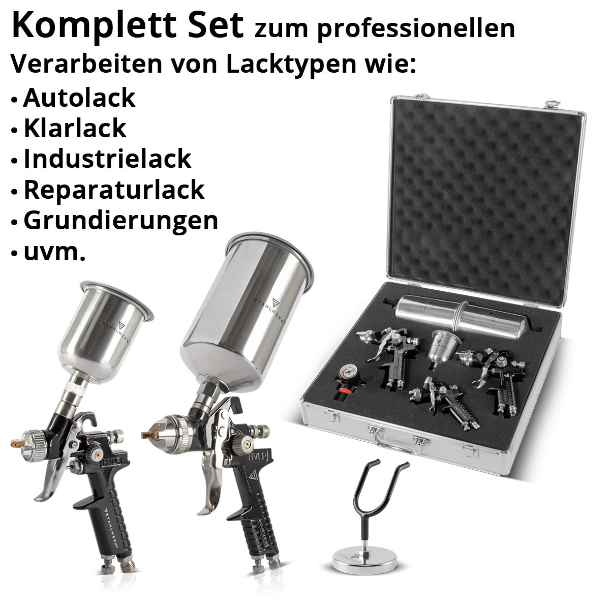 STAHLWERK HVLP paint gun set SGS-1125 ST 21 pieces with 3 compressed air paint guns, 0.8 / 1.4 / 1.7 mm nozzle set, paint gun holder, 3 flow cups, air pressure regulator, aluminum case and much more. Professional paint set / spray gun / spray gun