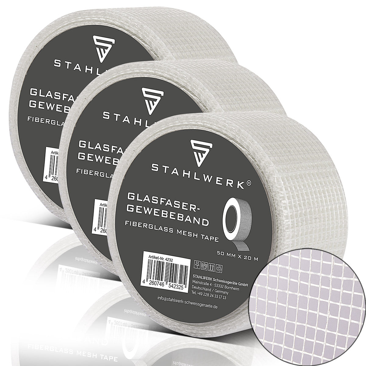 STAHLWERK Glasfaser-Gewebeband 3er Set 20 m x 50 mm, selbstklebendes Trockenbau Fugenband / Fugendeckstreifen / Bewehrungsstreifen mit Gitternetzstruktur für Spachtelarbeiten
