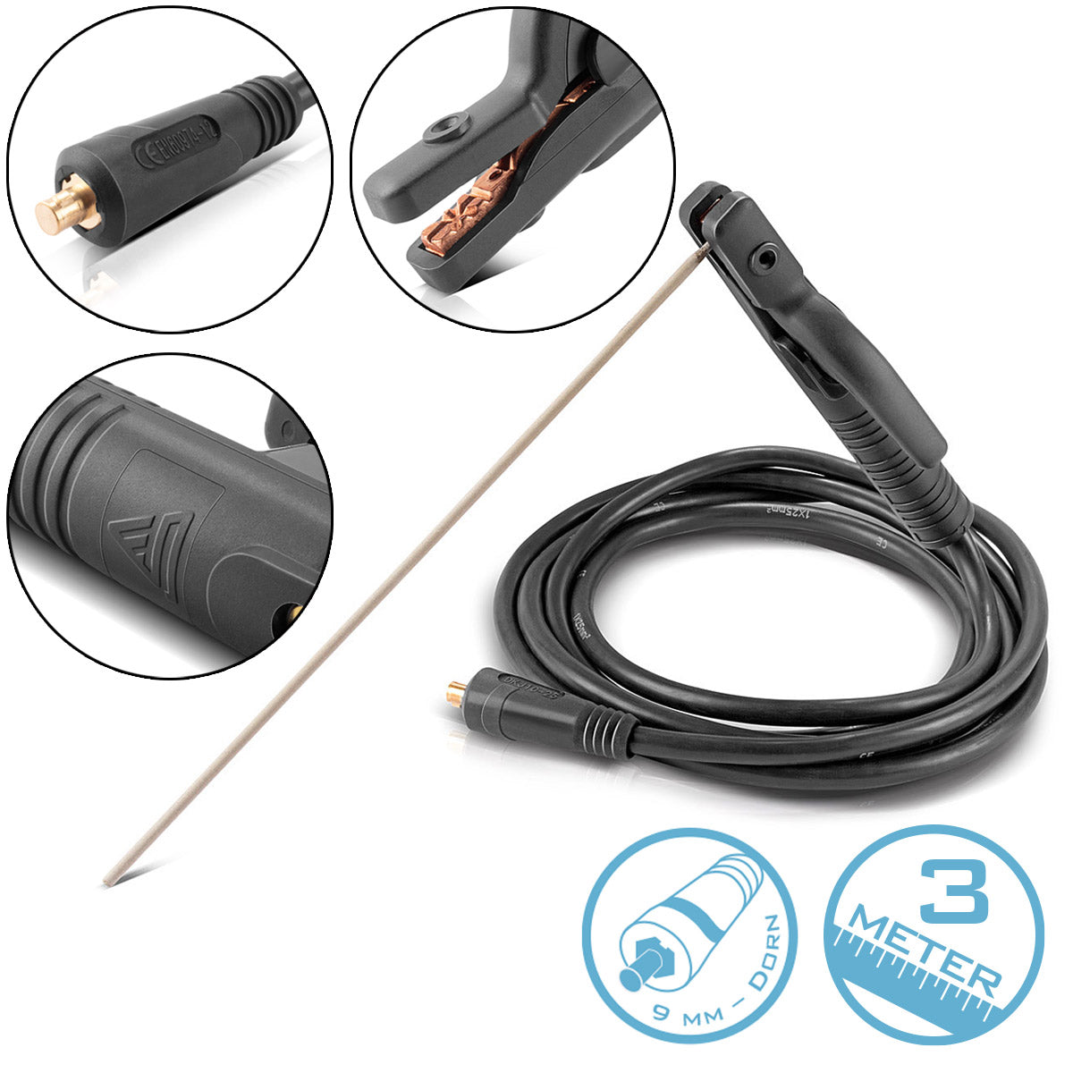 Steelworks MMA | ARC electrode holder up to 200 A welding pliers | Electrode pliers | Electrode clamp for welding devices including 3 m welding cable with 25 mm² and 9 mm plug