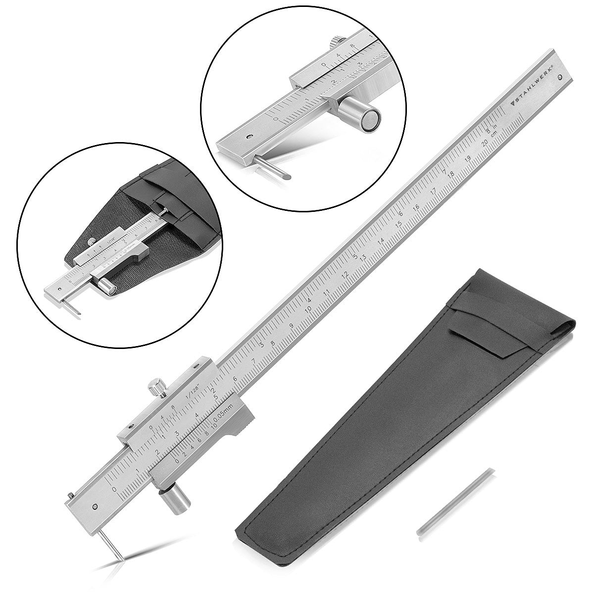 STAHLWERK Anreiß-Messschieber | Messlehre | Schieblehre 0-200 mm | 8 Inch mit Nonius und Anschlagrolle nach DIN 862 für Präzisionsmessungen