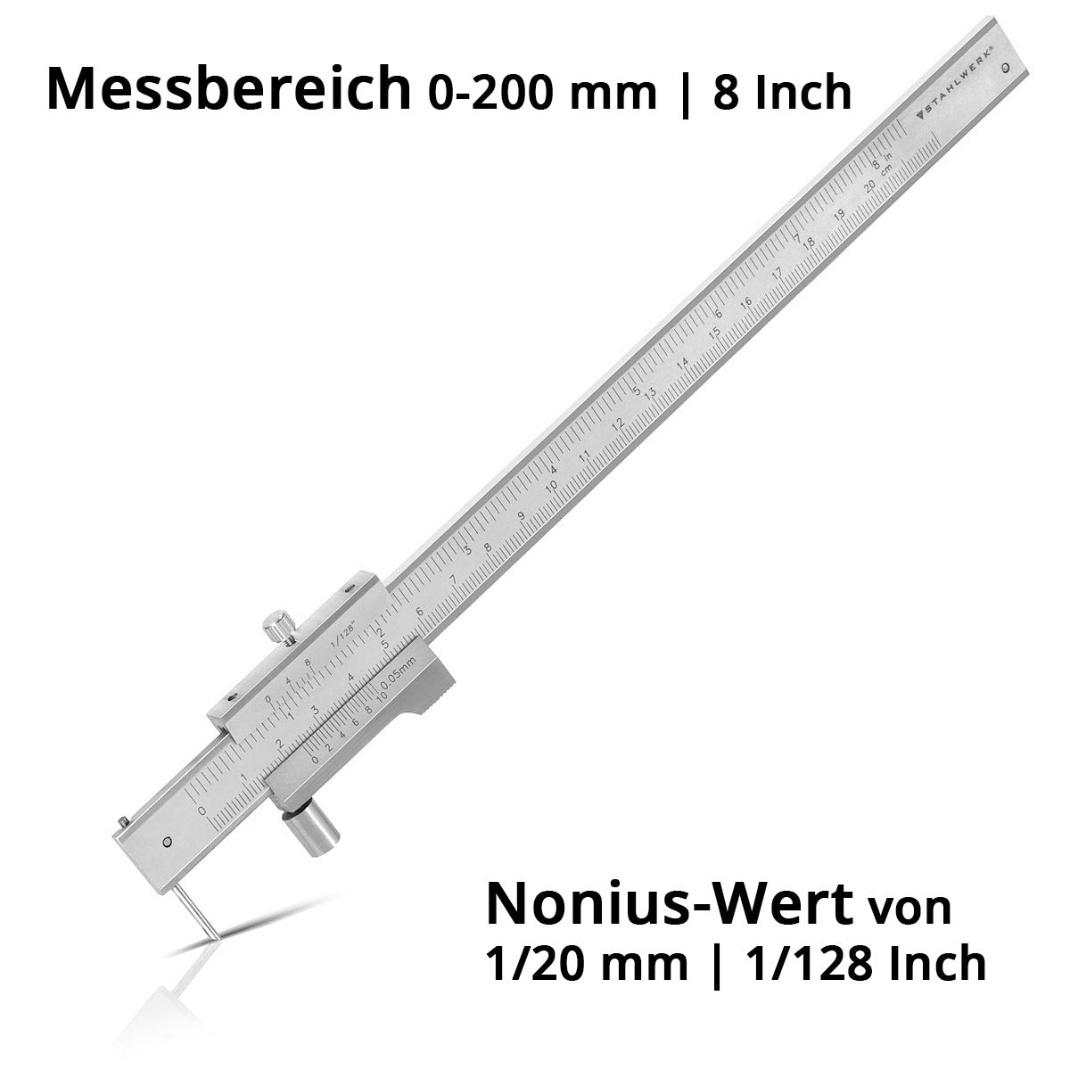 STAHLWERK Anreiß-Messschieber | Messlehre | Schieblehre 0-200 mm | 8 Inch mit Nonius und Anschlagrolle nach DIN 862 für Präzisionsmessungen