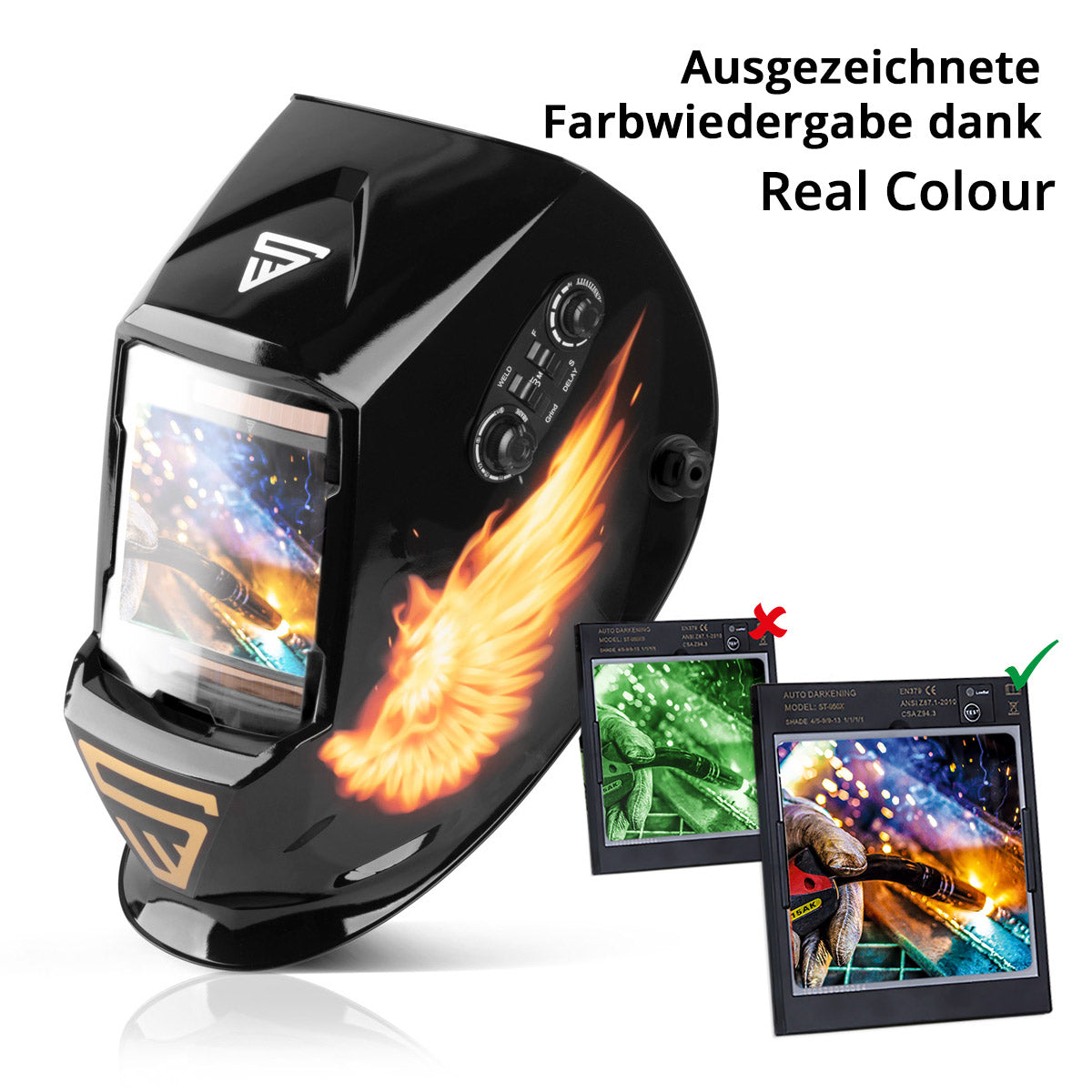 STAHLWERK 3 in 1 Automatik Schweisshelm ST-990 SE "Sonderedition Fire" Real Colour Helm | Schweißschirm | Schweißmaske | Schweißschild zum professionellen Schweißen, Schneiden und Schleifen