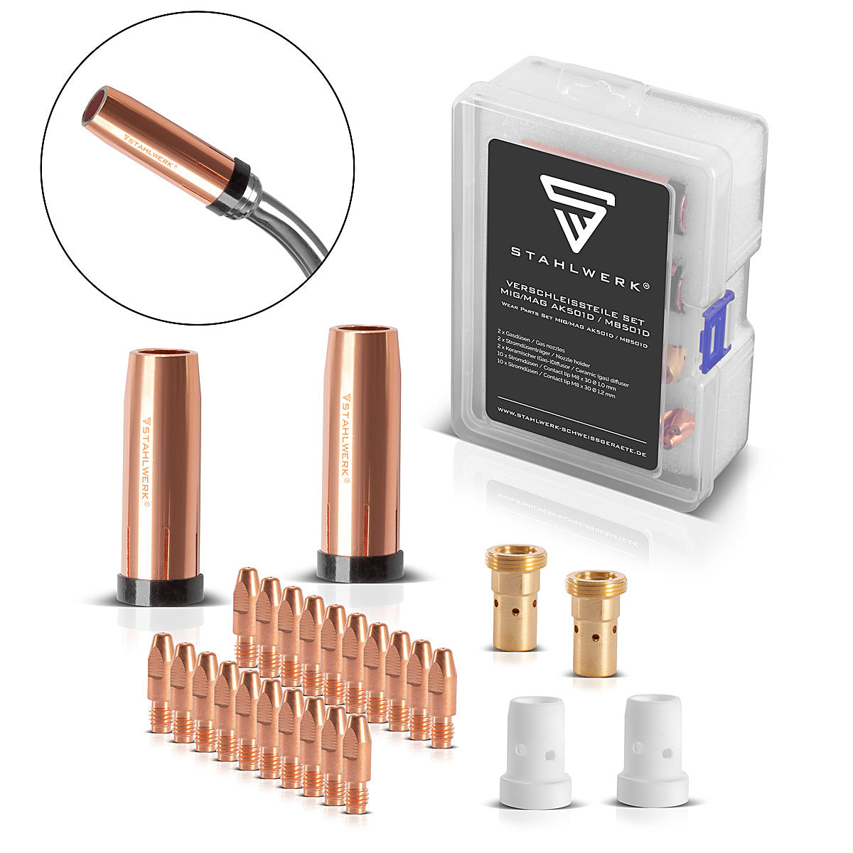 STAHLWERK MIG MAG AK501D | MB501D Premium-Verschleißteile-Set 26-teiliges Schweißzubehör mit Gasdüsen, Stromdüsen, Düsenträger und Keramik-Diffusor für MIG MAG Schweißbrenner