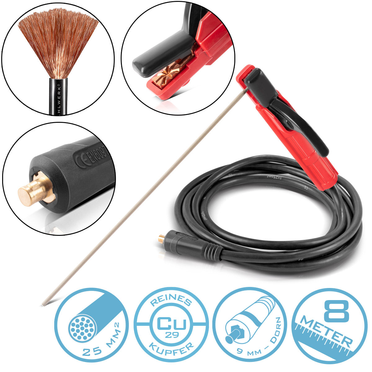 Steelworks MMA | ARC electrode holder up to 200 A welding pliers | Electrode pliers | Electrode clamp for welding devices including 8 m welding cable made of pure copper with 25 mm² and 9 mm plug