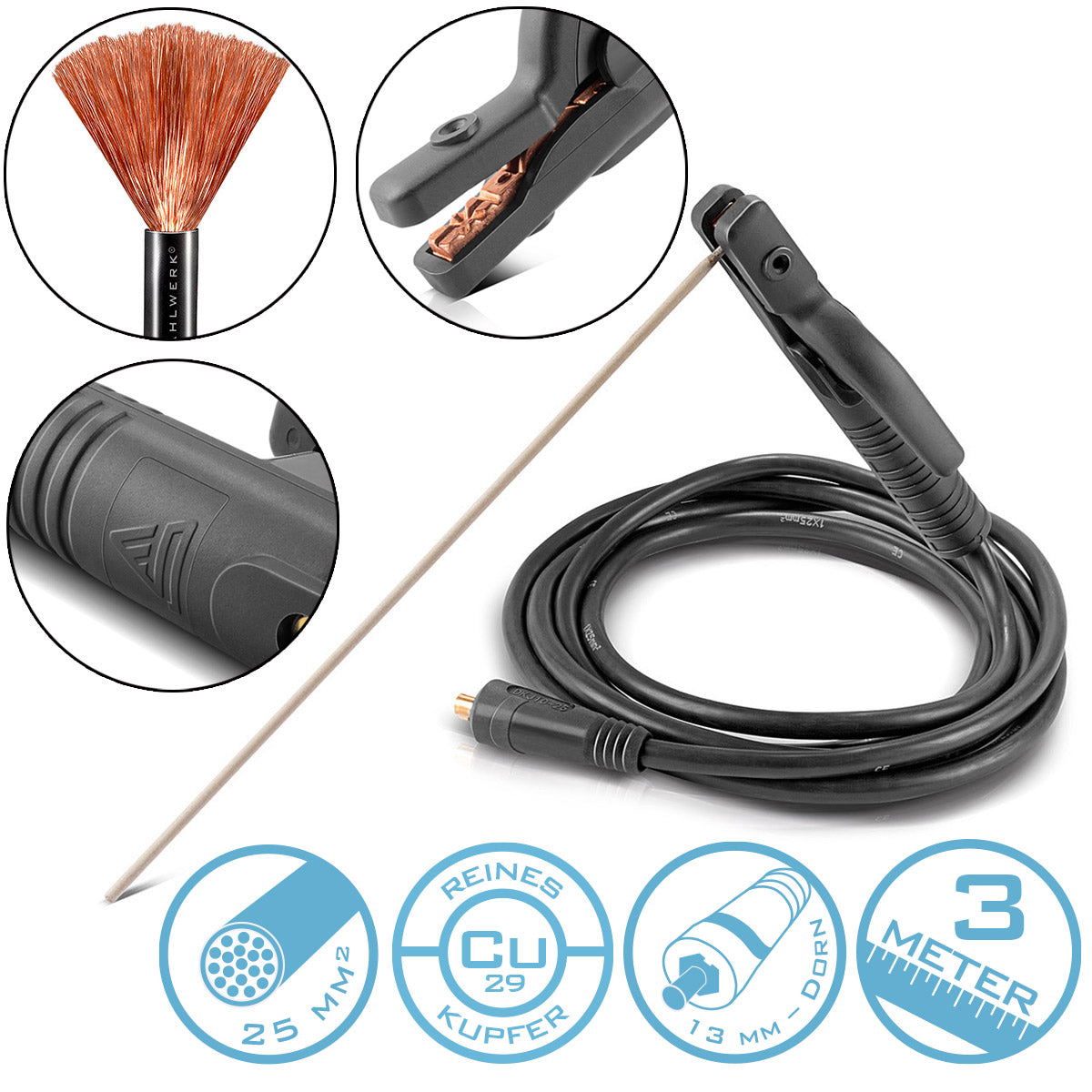 STAHLWERK MMA | ARC Elektrodenhalter bis 200 A Schweißzange | Elektrodenzange | Elektrodenklemme für Schweißgeräte inklusive 3 m Schweißkabel aus reinem Kupfer mit 25 mm² und 13 mm Stecker