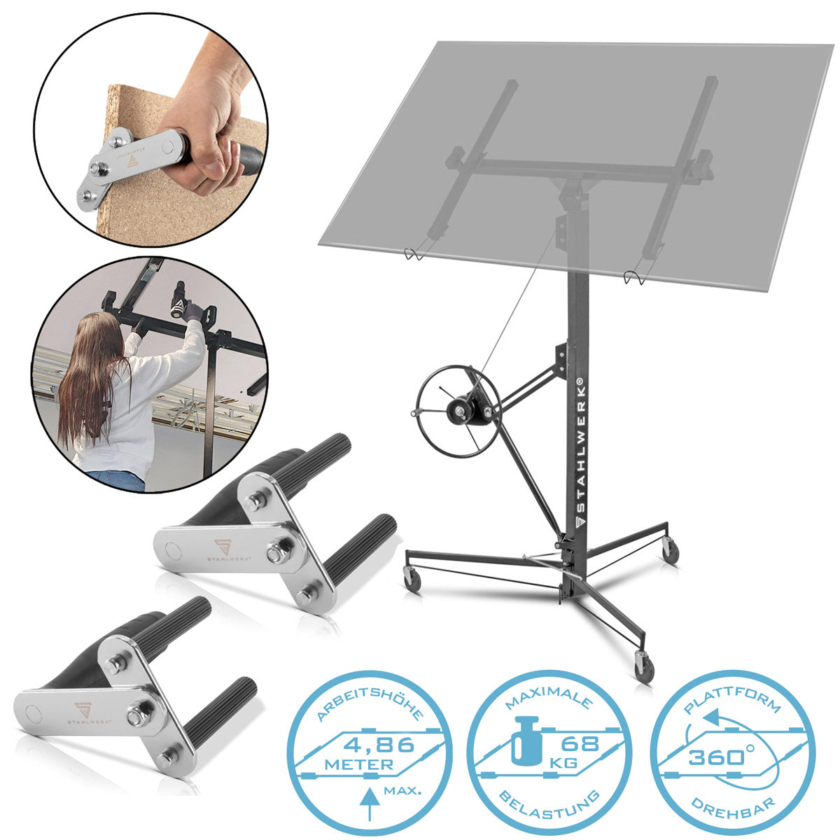 Piastra di acciaio Heber PH-465 ST + AIFFICA PIASTURA SET AIDS, SOLLEGGIO DI ALTA DI QUATIA | Montagelift con 1,92-4,86 m di area di lavoro, fino a 68 kg di resilienti comprese le maniglie delle piastre