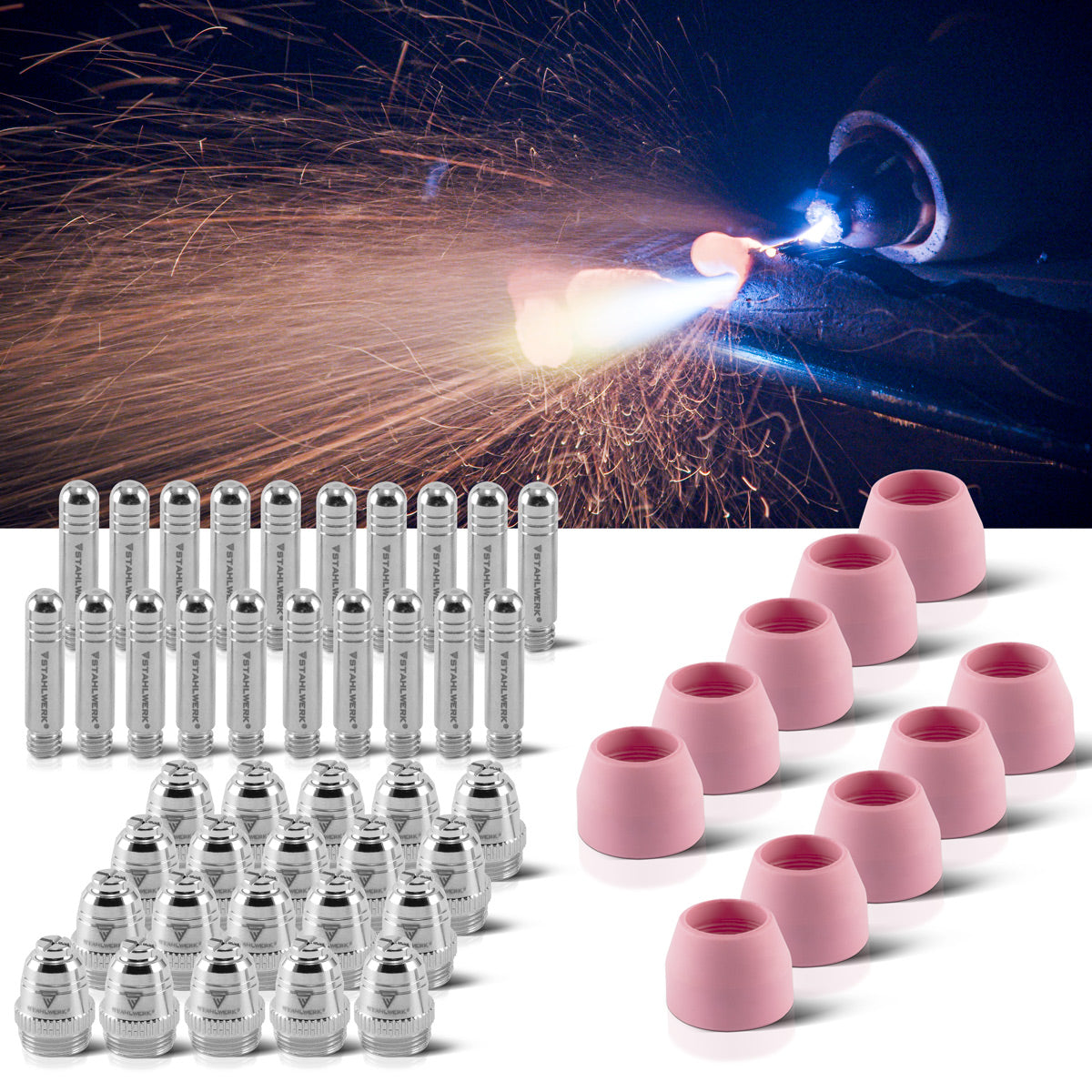 STAHLWERK AG-60 Plasmazubehör Set 50-teilig, Verschleißteile Plasmadüsen + Elektroden + Keramikkappen für AG-60 / SG-55 CUT Plasmaschneider-Brenner