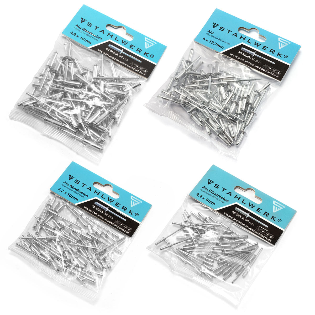 Çelik işleri 4 set alüminyum kör perçinler 2.4 x 8 mm + 3.2 x 10 mm + 4 x 12.7 mm + 4.8 x 16 mm 50 parça