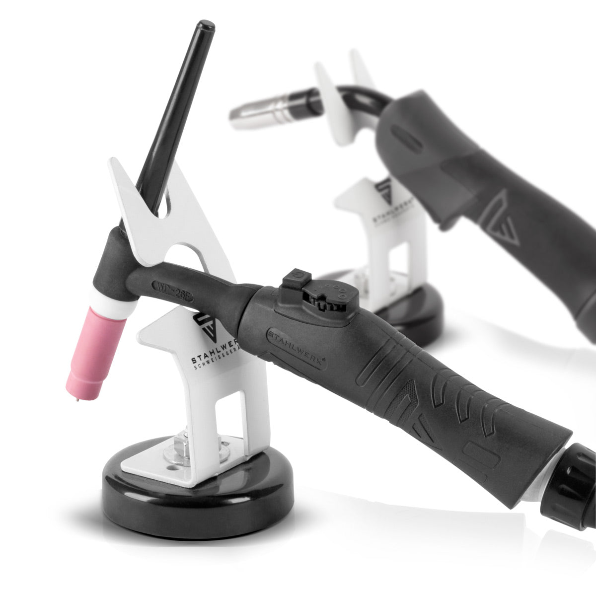 STAHLWERK Schweißbrenner-Halterung mit magnetischem Standfuß, universeller Brennerhalter für WIG, MIG und Plasma, weiß