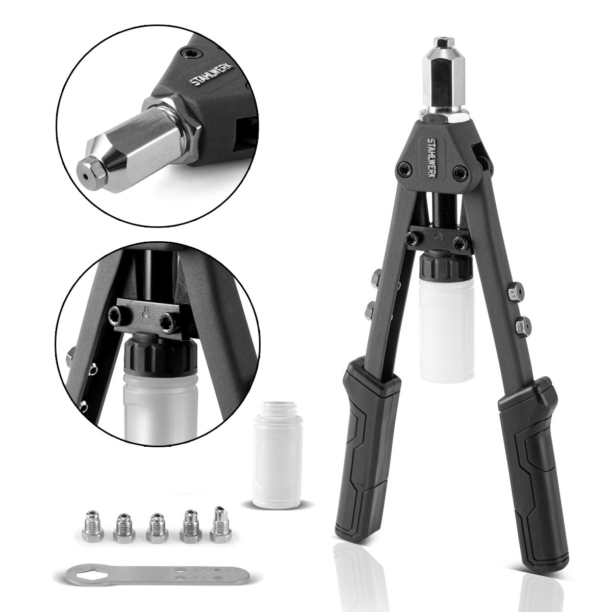 STAHLWERK HNZ-130 ST Robuste Profi-Hebelnietzange und Spanndornzange / Blindnietzange aus vernickeltem Chrom Molybdän Stahl inklusive 5 Wechseleinsätzen