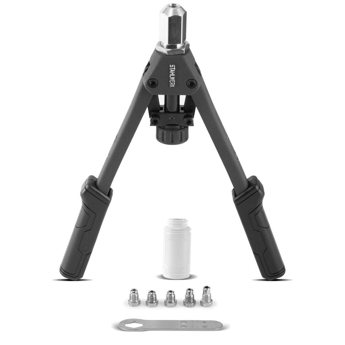 STAHLWERK HNZ-130 ST Robuste Profi-Hebelnietzange und Spanndornzange / Blindnietzange aus vernickeltem Chrom Molybdän Stahl inklusive 5 Wechseleinsätzen