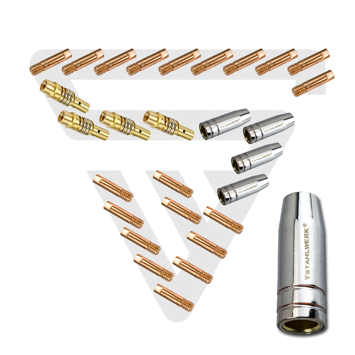 STAHLWERK MIG MAG AK15/MB15 AK14/MB14 Verschleißteile Set, 28-teiliges Original Schweißzubehör Set mit Gasdüsen, Düsenträgern und Stromdüsen für MIG MAG Schweißbrenner