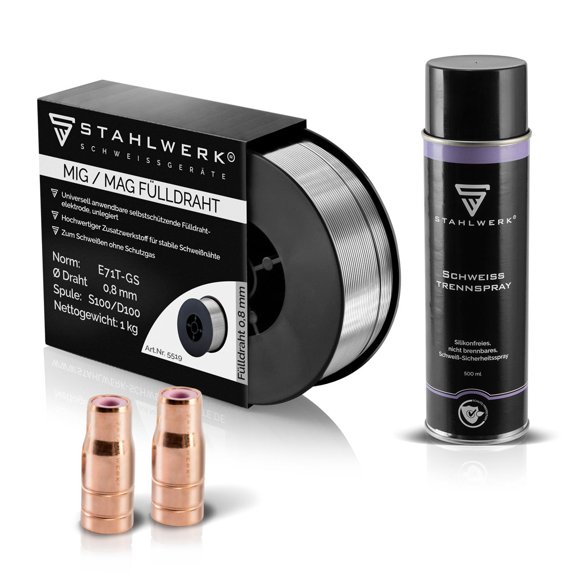 Parti di usura in acciaio Set di fili di ripieno Pacco 2er + filo di ripieno 1 kg 0,8 mm + Mulino in acciaio Spray
