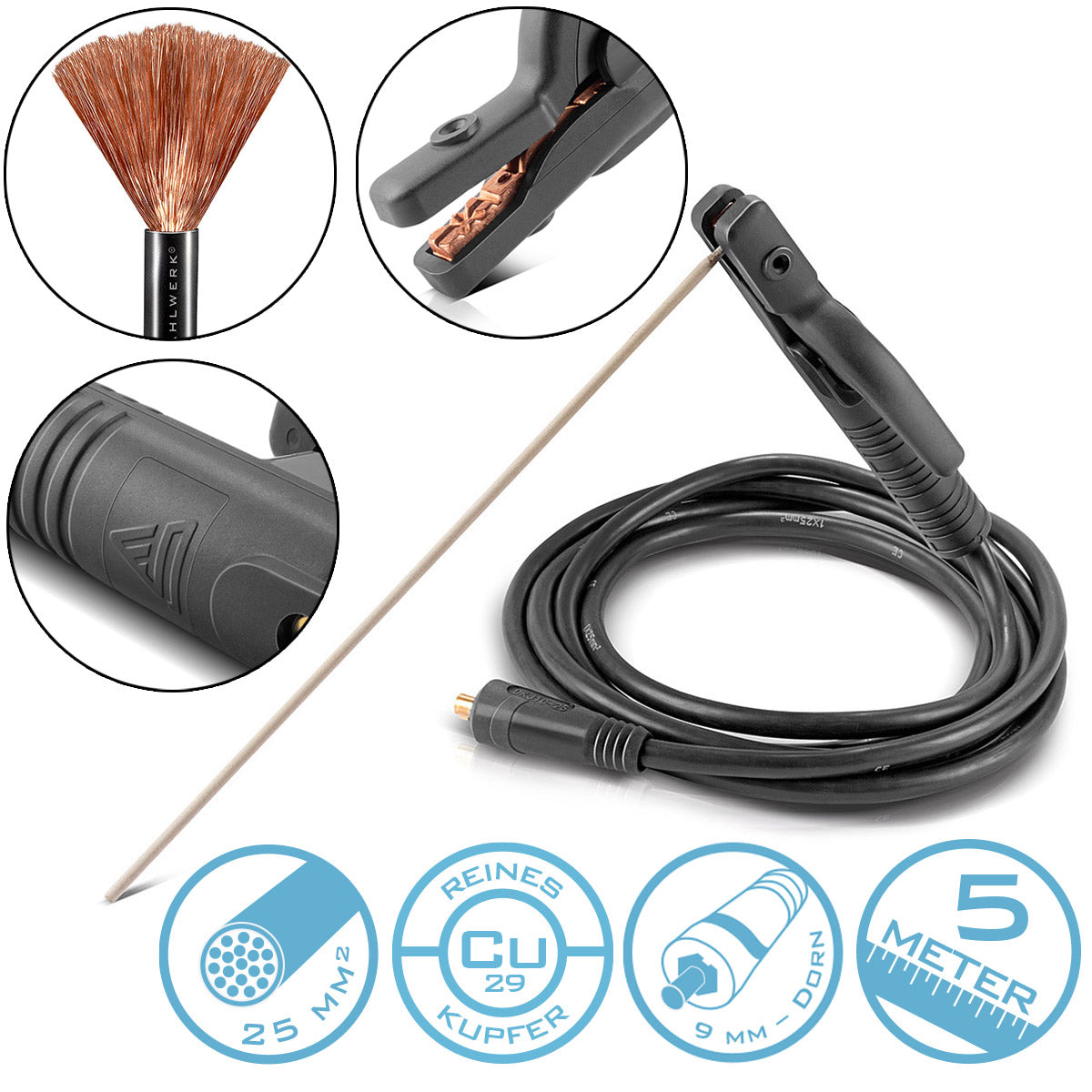 Steelworks MMA | ARC electrode holder up to 200 A welding pliers | Electrode pliers | Electrode clamp for welding devices including 5 m welding cable made of pure copper with 25 mm² and 9 mm plug