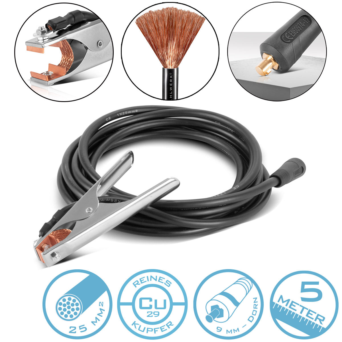 STAHLWERK Massezange bis 300 A Masseklemme | Erdungsklemme inklusive 5 m Schweißkabel | Massekabel aus reinem Kupfer mit 25 mm² und 9 mm Stecker