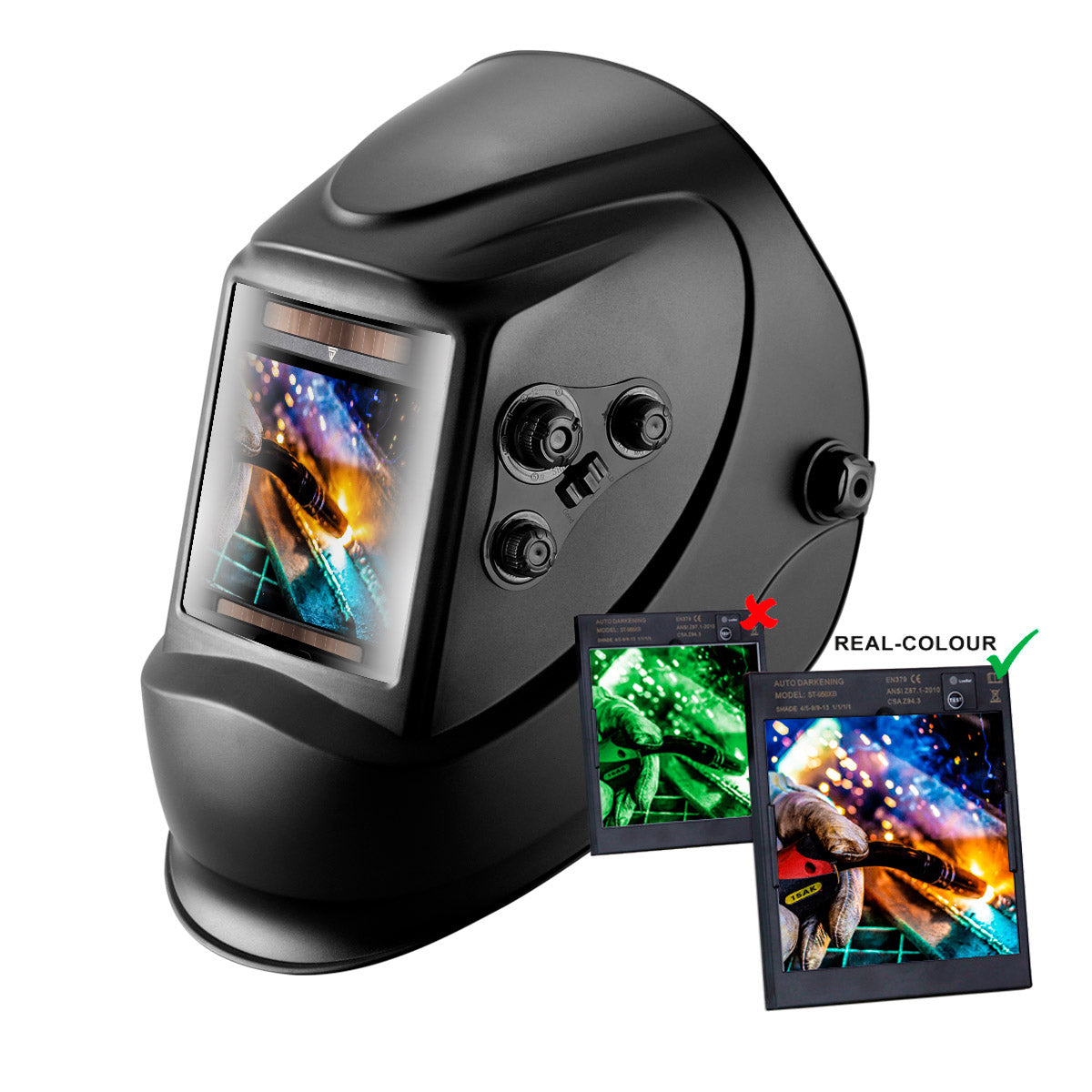 STAHLWERK Vollautomatik Real Colour Schweißhelm ST-900 XTC mit 3 in 1 Funktion inkl. 5 Ersatzscheiben & Aufbewahrungstasche, schwarz matt
