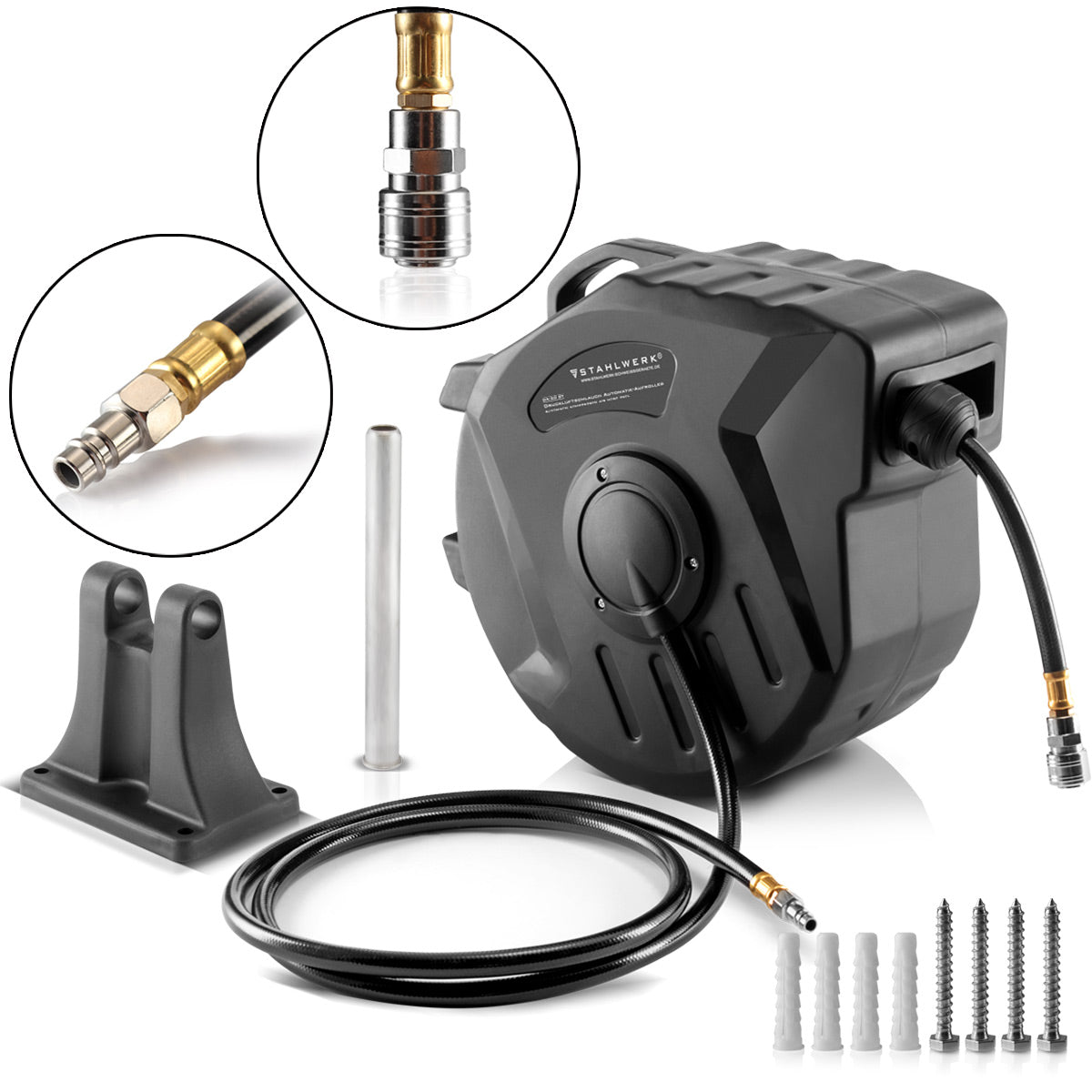 Enrollador de manguera de aire comprimido STAHLWERK de 20+2 m con enrollador automático hasta 18 bar, acoplamiento rápido estándar (ancho nominal 7,2 mm), función de cierre, robusta carcasa de plástico, incl. kit de montaje en pared