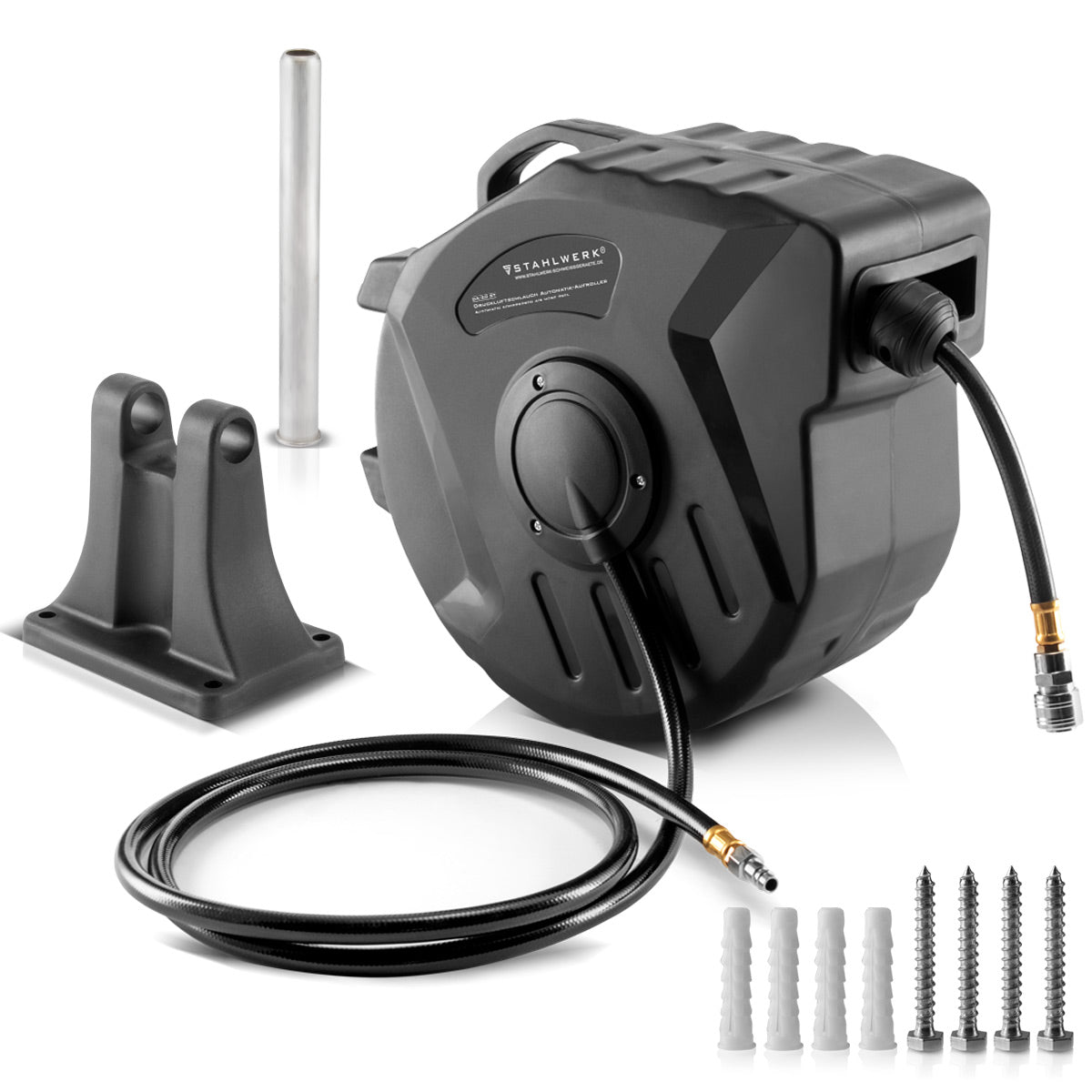 Steelworks Drum del tubo dell'aria compresso 20+2 m con roll-up automatico fino a 18 bar, accoppiamento rapido standard (dimensione nominale 7,2 mm) Funzione a scatto, robusto alloggiamento in plastica incluso set di montaggio a parete