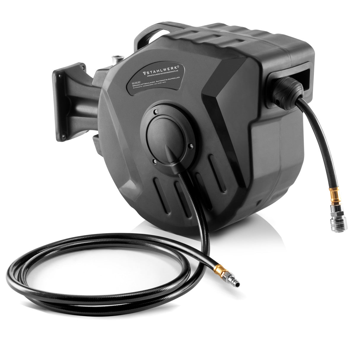 Enrollador de manguera de aire comprimido STAHLWERK de 20+2 m con enrollador automático hasta 18 bar, acoplamiento rápido estándar (ancho nominal 7,2 mm), función de cierre, robusta carcasa de plástico, incl. kit de montaje en pared