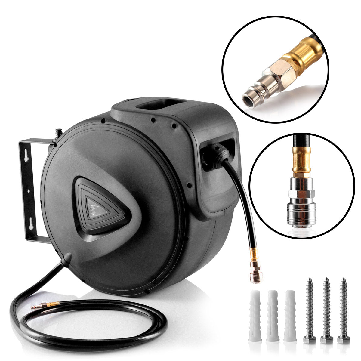 Steelworks compressed air hose drum 30+1.8 m with automatic upper automatic up to 18 bar standard quick coupling (nominal size 7.2 mm), SNAP function, robust plastic housing including wall mounting set