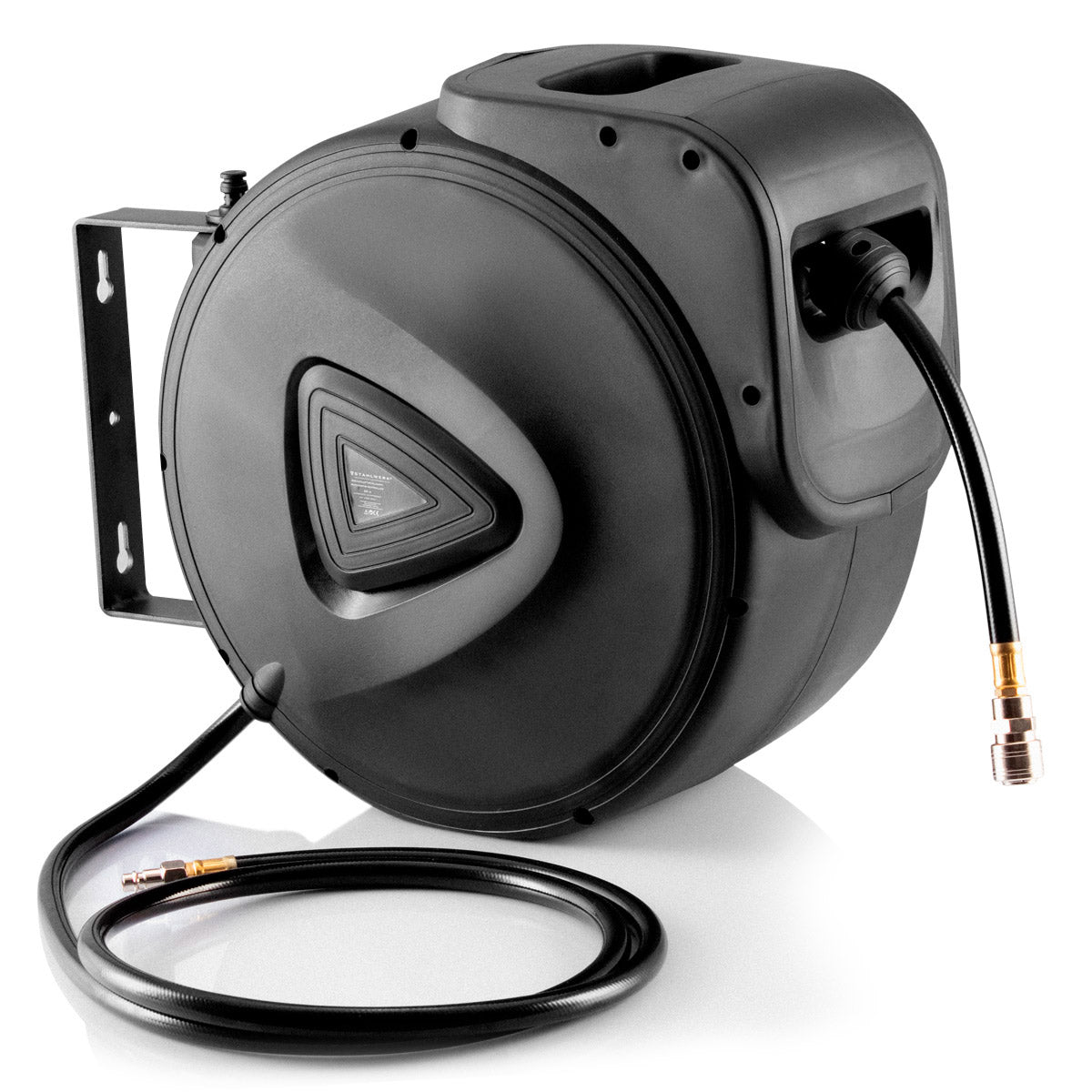 Steelworks compressed air hose drum 30+1.8 m with automatic upper automatic up to 18 bar standard quick coupling (nominal size 7.2 mm), SNAP function, robust plastic housing including wall mounting set