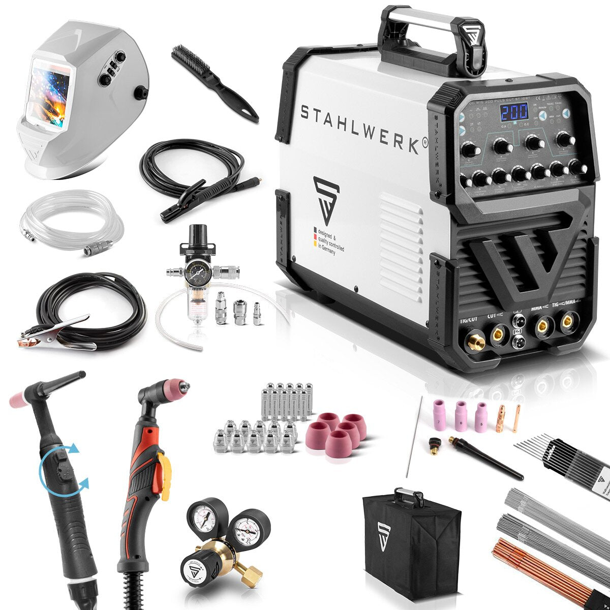 Steelworks welding machine AC / DC WIG 200 pulse with plasma ST - full equipment / plasma cutter / plasma cutting device / combination white with IGBT technology