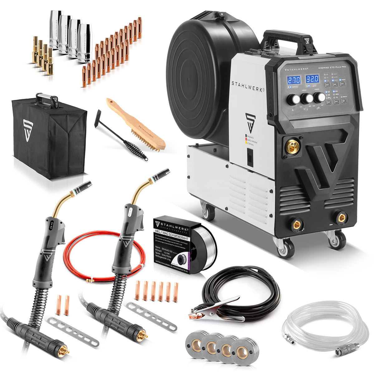 Steelworks welding machine MIG 270 pulse Pro | 4-in-1 protective gas welding device with pulse function, AK25/MB25 aluminum welding burner and wearing section set for aluminum welding | Inverter with 270 A, spot function, synergic wire feed, 4-roll drive