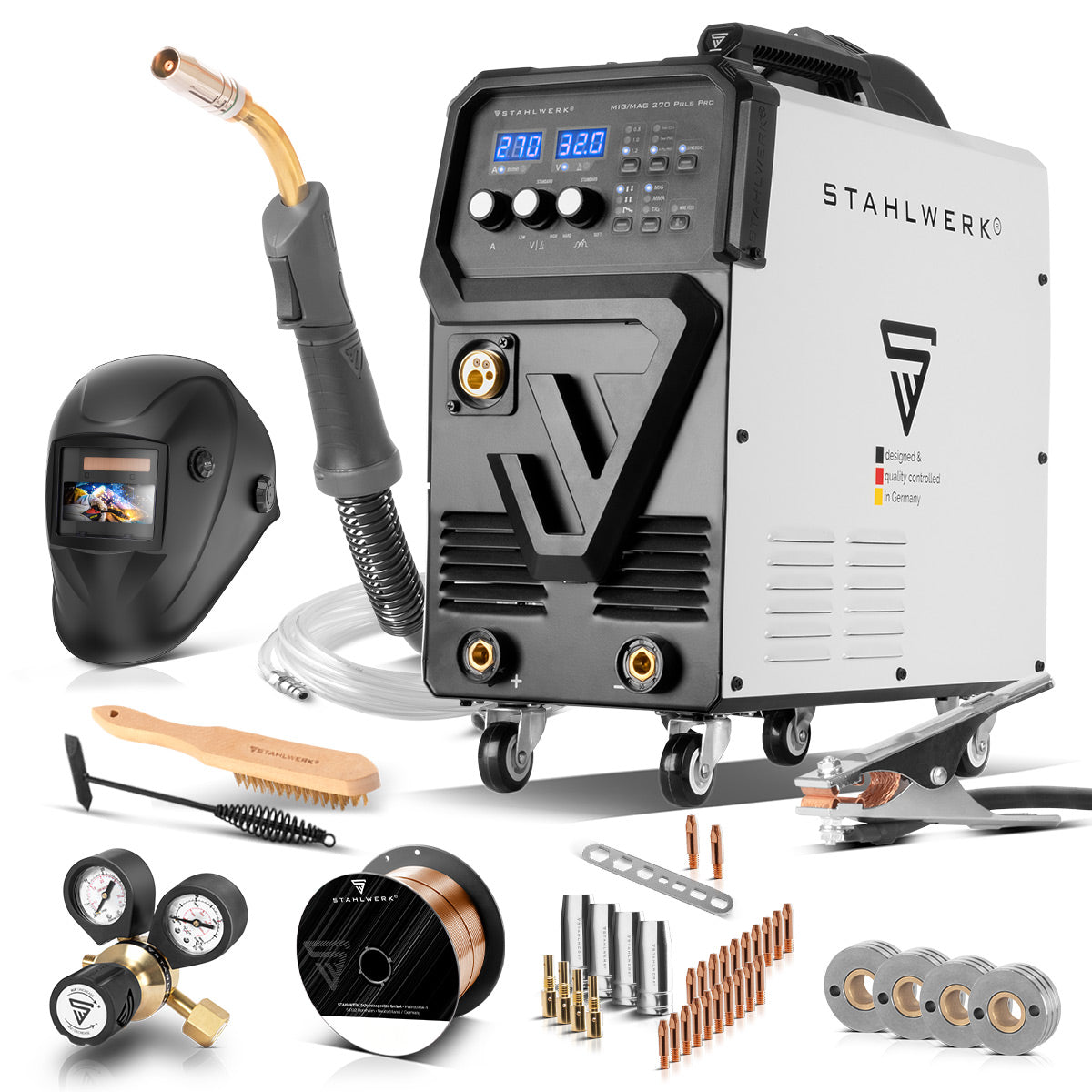 STAHLWERK Schweißgerät MIG 270 Puls Pro Vollausstattung | 4-in-1 Schutzgas-Schweißgerät mit Pulsfunktion | Inverter mit 270 A, Spot-Funktion, synergischem Drahtvorschub, 4-Rollen-Antrieb, FLUX, Lift TIG und MMA | ARC Funktion | Puls-Alu-Schweißfunktion