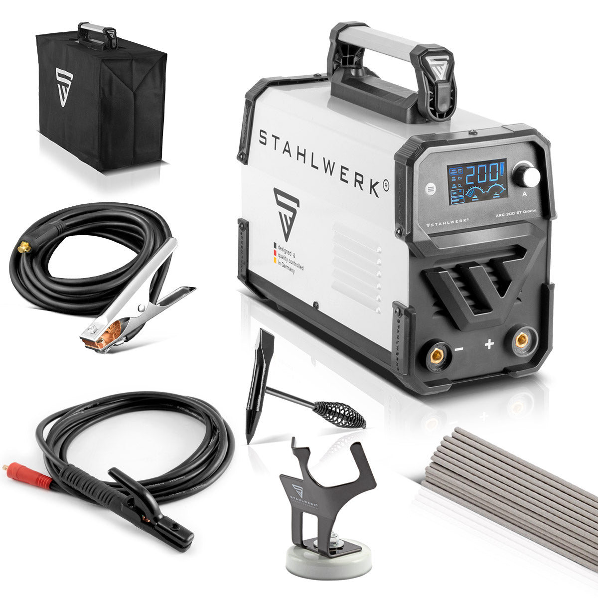 Stahlwerk welding machine ARC-200 ST Digital MMA electrode welding device | E-hand welding device | IGBT-Inverter with 200 A performance, double board, lift-tig function, smart cooling and overheating protection