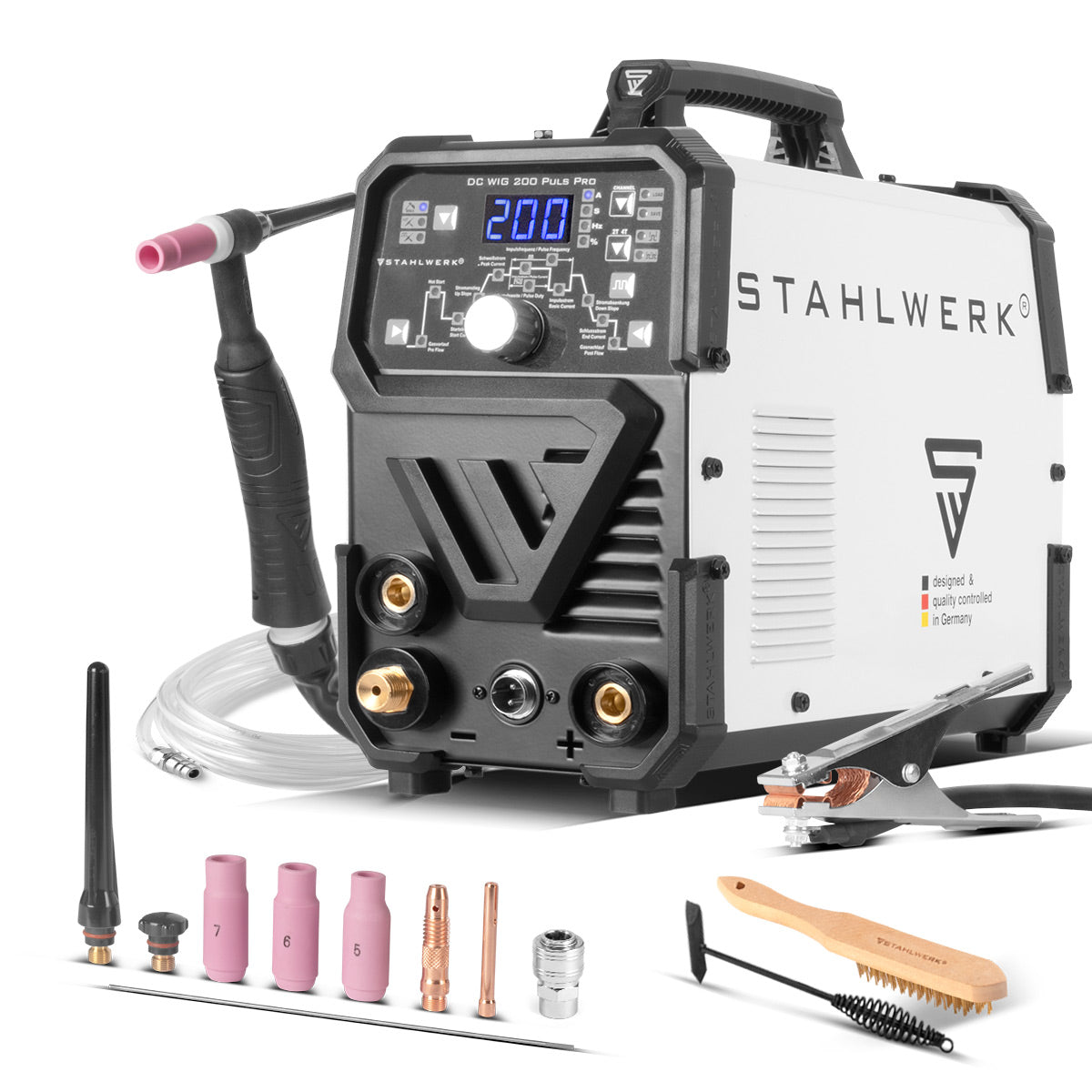 STAHLWERK 2-in-1-Kombi-Schweißgerät DC WIG 200 Puls Pro - Digitales Profi WIG Schweißgerät mit MMA E-Hand und Pulsfunktion, für Dünnblech geeignet