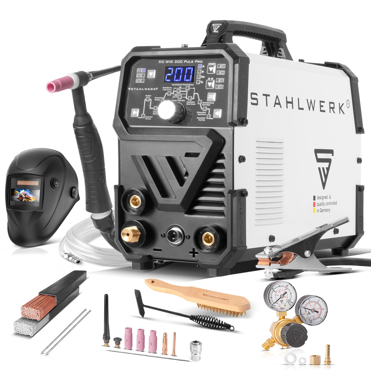 STAHLWERK DC TIG 200 Puls Pro totalmente equipada: soldadora TIG digital profesional con función manual y de pulso eléctrica MMA, adecuada para chapa fina