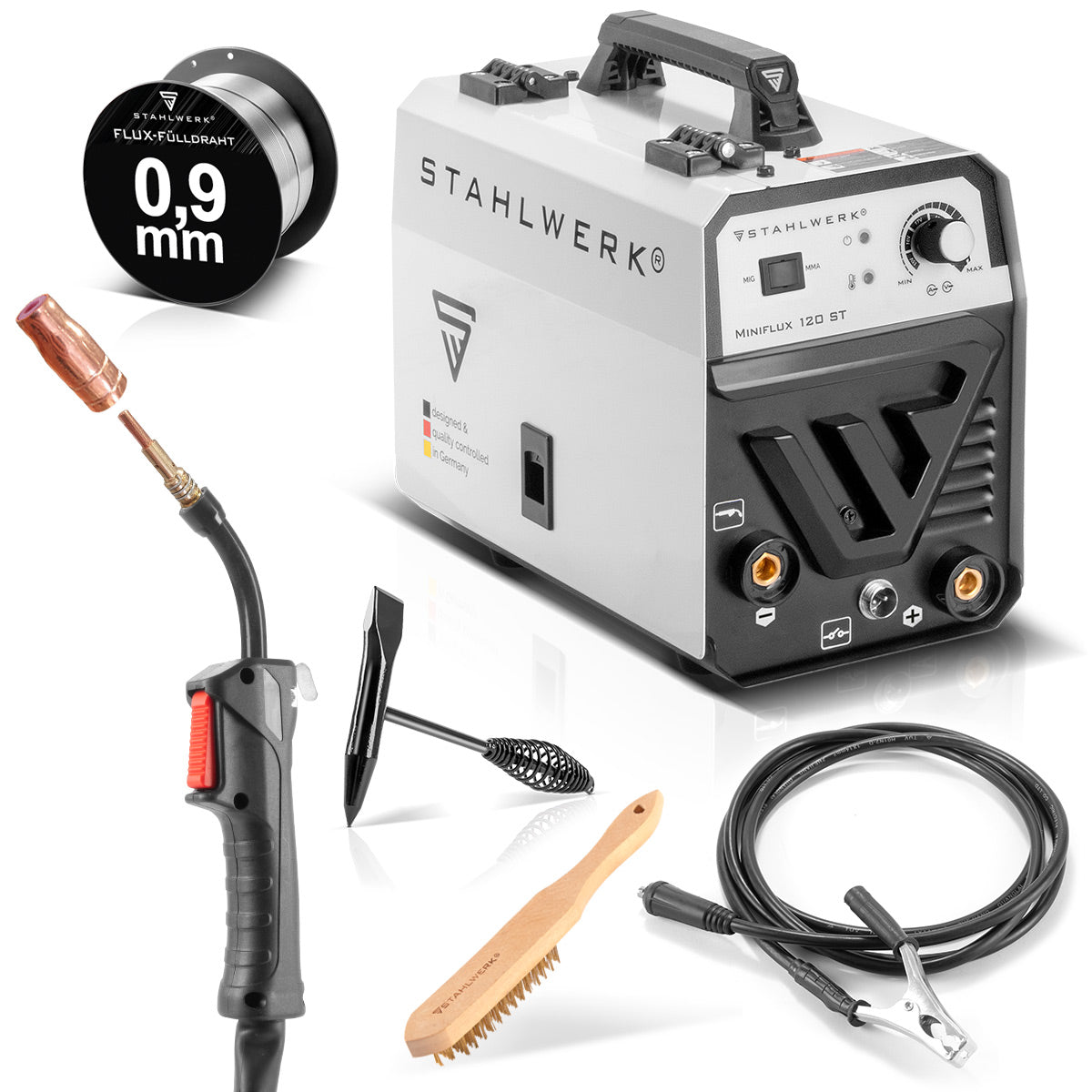 Steelworks Mini Flux 120 ST Riempie Welding Machine con un filo full -syngical per 0,6 | 0.8 | 0.9 | 1,0 mm di filo del sudore, inverter compatto con 120 ampli reali per la saldatura senza gas protettivo