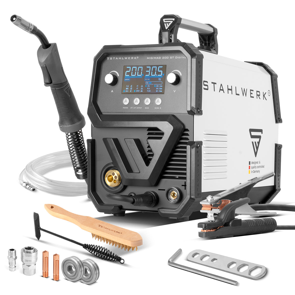 Saldatura in acciaio MIG MAG Mag 200 St Digital IGBT Protective Gas Saldatura Attrezzatura di saldatura | Inverter con 200 A, funzione spot, alimentazione a filo sinergico, flusso e MMA | Funzione arco