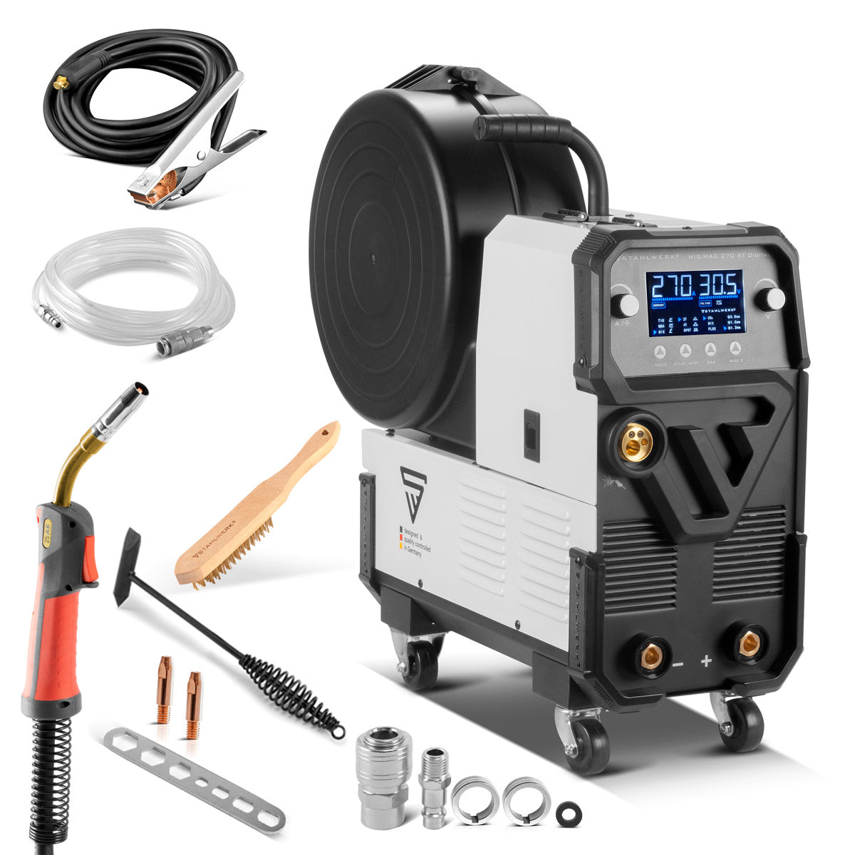 Steelworks welding machine MIG MAG 270 Digital IGBT 4-in-1 protective gas welding device | Inverter with 270 A, spot function, synergic wire feed, 4 roll drive, flux, lift tig and mma | ARC function