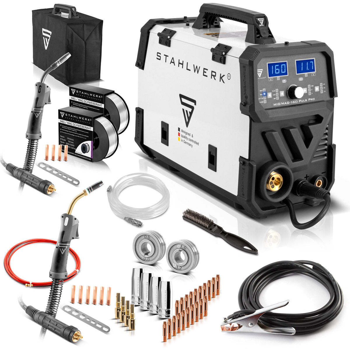 Stahlwerk MIG MAG 160 PULS PRO IGBT Protection gas Full synergic 5 in 1 combination device with real 160 amps including AK25/MB25 aluminum welding burner, wire shreds and wear parts set for aluminum welding