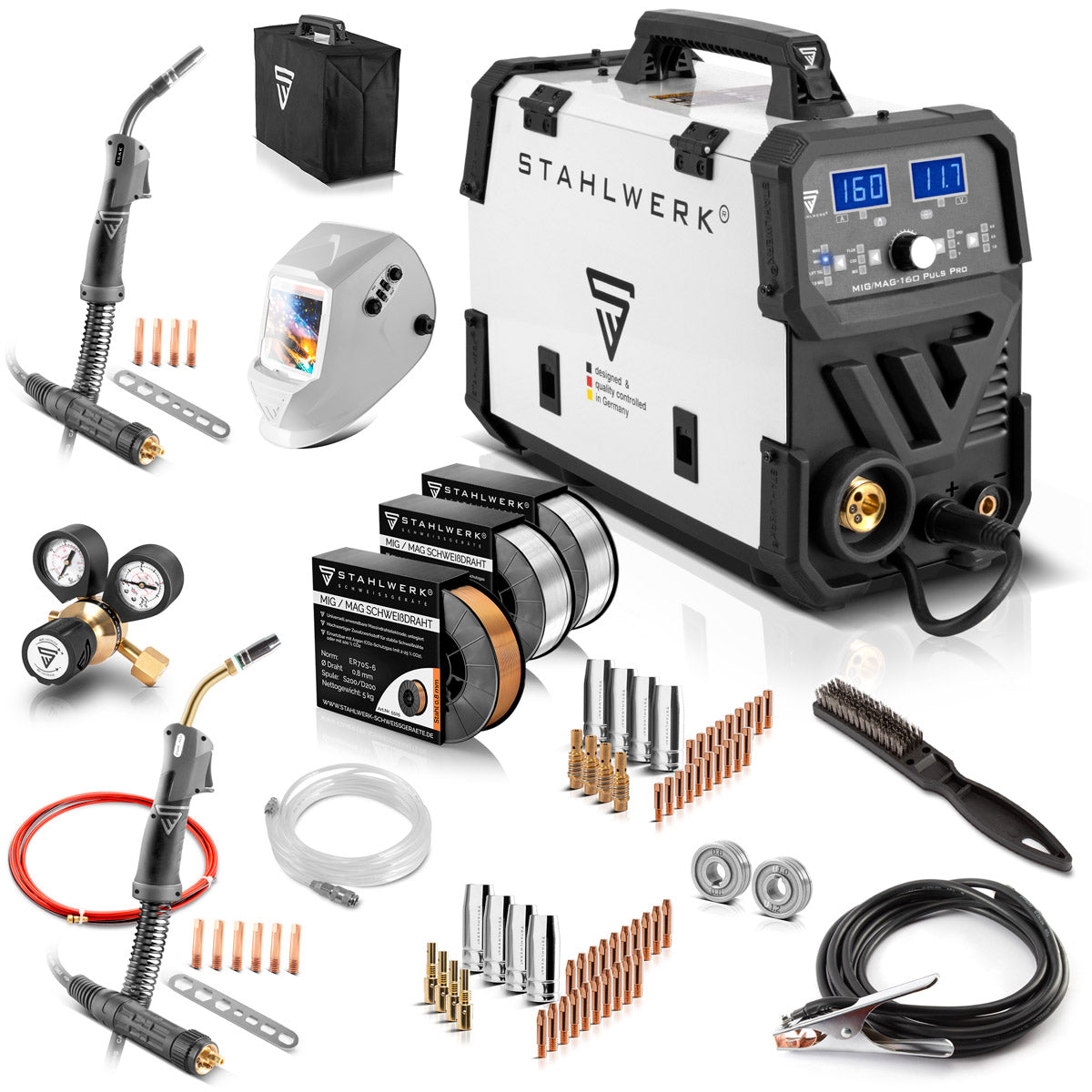 STAHLWERK MIG MAG 160 Puls Pro IGBT Schutzgas Schweißgerät Vollausstattung Vollsynergisches 5 in 1 Kombigerät mit echten 160 Ampere inklusive AK25/MB25 Alu-Schweißbrenner, Drahtvorschubrollen und Verschleißteile-Set für Aluminium-Schweißen