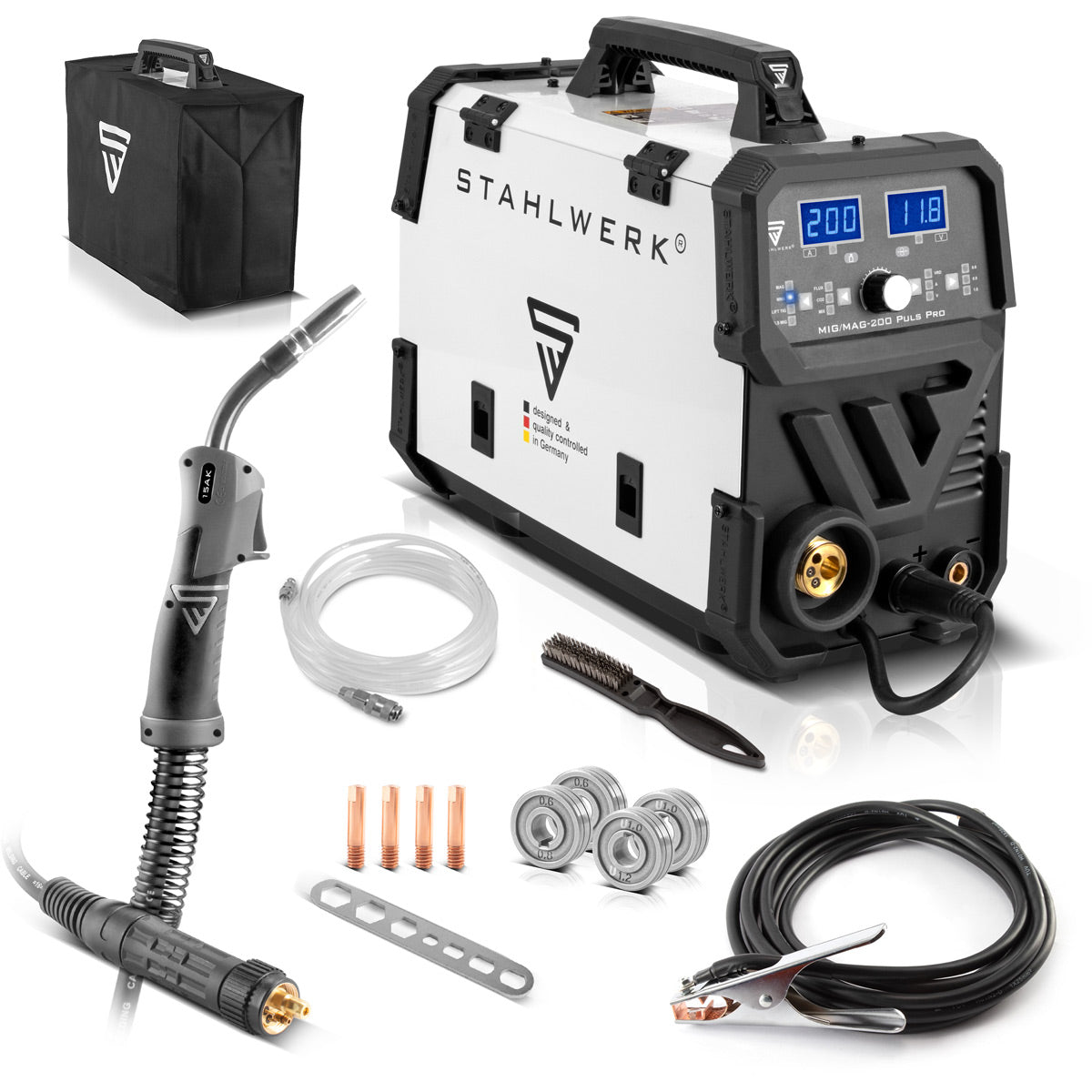 Stahlwerk MIG MAG 200 PULS Pro IGBT Protective gas welding machine full Synergic 5 in 1 combination device with real 200 amps and 4 rollers drive / filling wire, MIG MAG, ARC MMA, Lift Tig, Mig pulse for aluminum welding