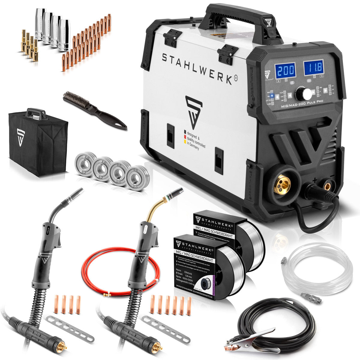 Stahlwerk MIG MAG 200 PULS Pro IGBT Protection gas Full-syngical 5 in 1 combination device with real 200 amps including AK25/MB25 aluminum welding burner, wire shroels and wear parts set for aluminum welding