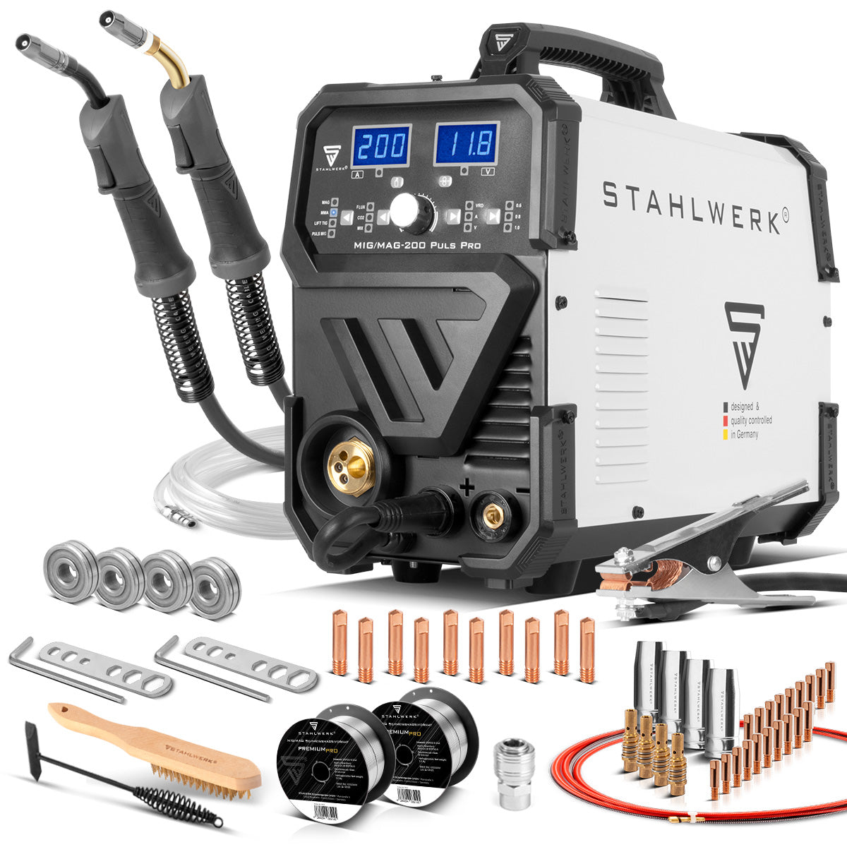 STAHLWERK MIG MAG 200 Puls Pro Schutzgas Schweißgerät Vollsynergisches 5 in 1 Kombigerät mit echten 200 Ampere inklusive AK25/MB25 Alu-Schweißbrenner, Verschleißteile-Set für Aluminium-Schweißen