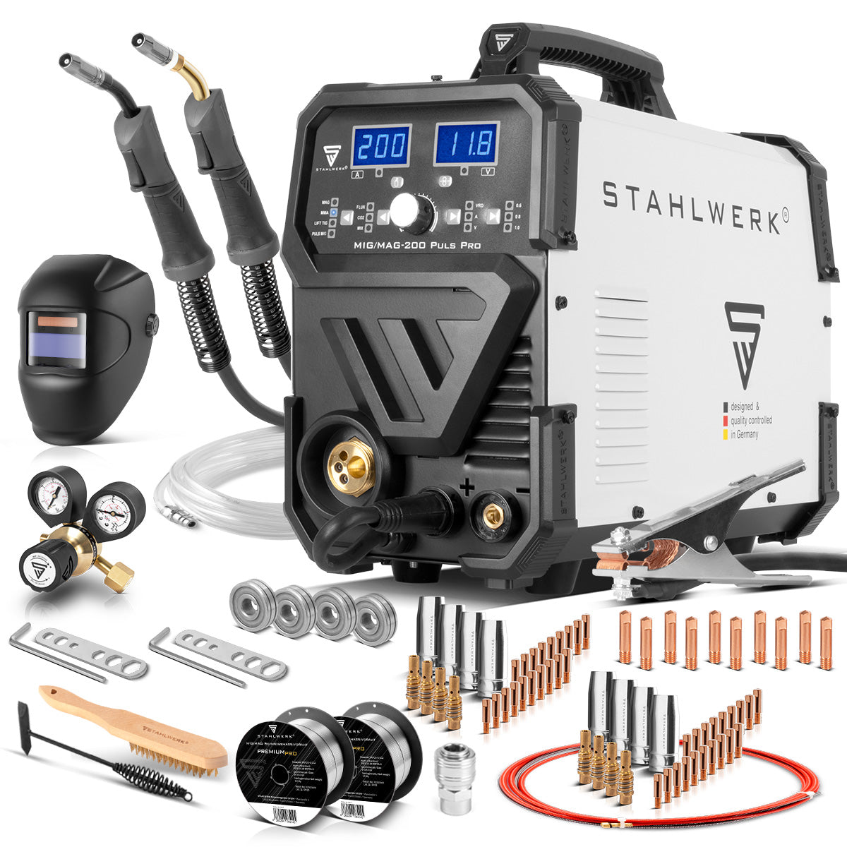 STAHLWERK MIG MAG 200 Puls Pro Schutzgas Schweißgerät Vollausstattung Vollsynergisches 5 in 1 Kombigerät mit echten 200 Ampere AK25/MB25 Alu-Verschleißteile-Set für Aluminium-Schweißen