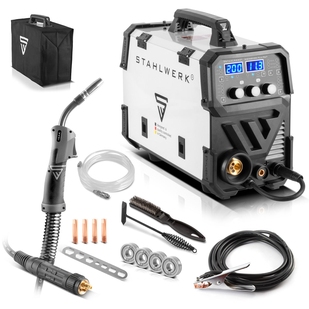 Stahlwerk Mig Mag 200 Spot Puls Pro, fully synergian IGBT Inverter, 5 in 1 combination device with spot function and 200 ampere, aluminum | Fill wire | Mig Mag | ARC MMA | Lift Tig | Pulse