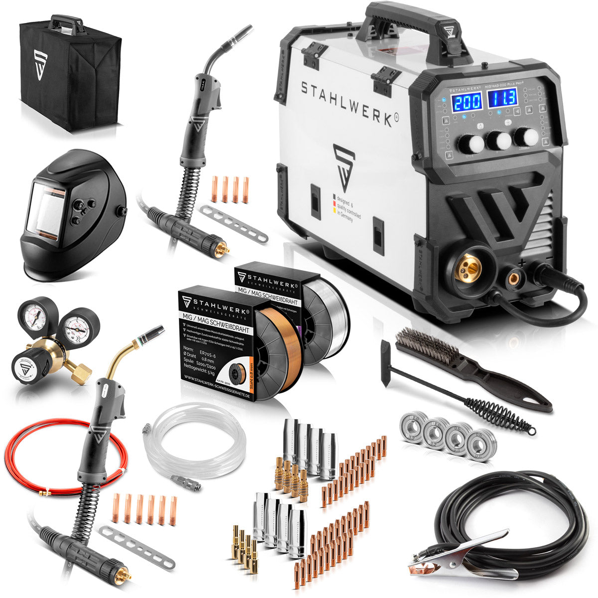 Steel mill Mig Mag 200 Spot Puls Pro Full equipment, fully syngical IGBT Inverter, 5 in 1 combination device with spot function and 200 amps, aluminum | Fill wire | Mig Mag | ARC MMA | Lift Tig | Pulse