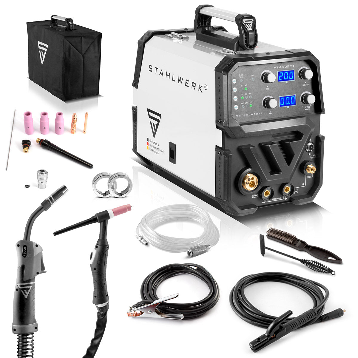 Stahlwerk combi welding device MTM-200 ST 3-in-1 protective gas welding device | Inverter with 200 A and synergic wire feed for WIG | Mig Mag | MMA