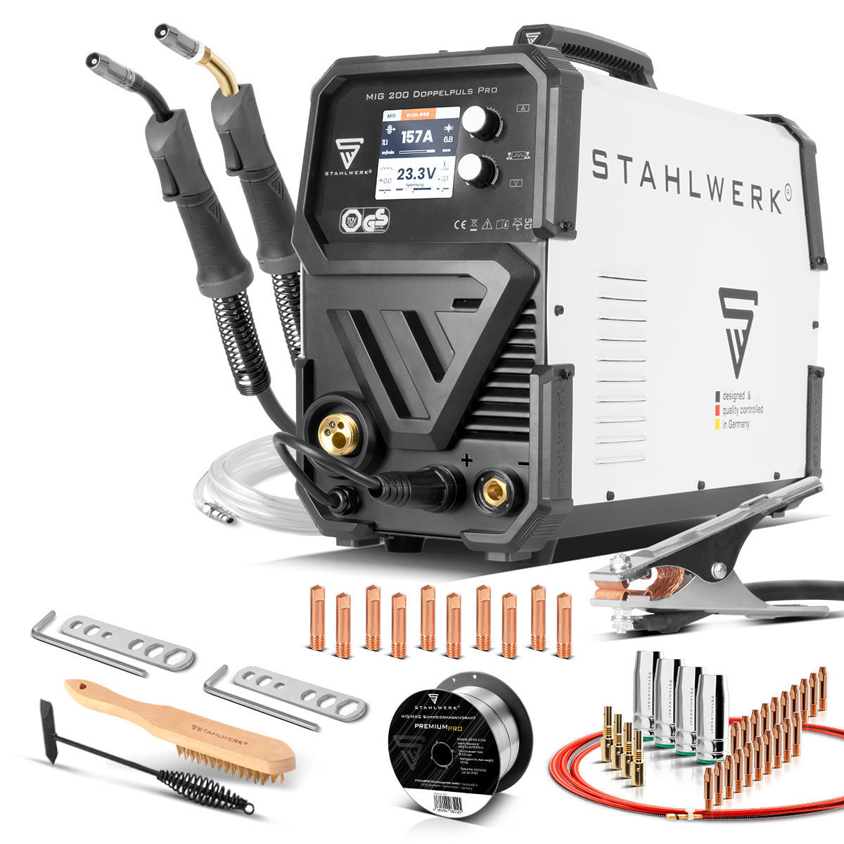 Stahlwerk Mig Mag 200 double impulsion par machine de soudage entièrement synergique avec brûleur de soudage en aluminium AK25 / MB25 et pièces de portage pour soudage en aluminium