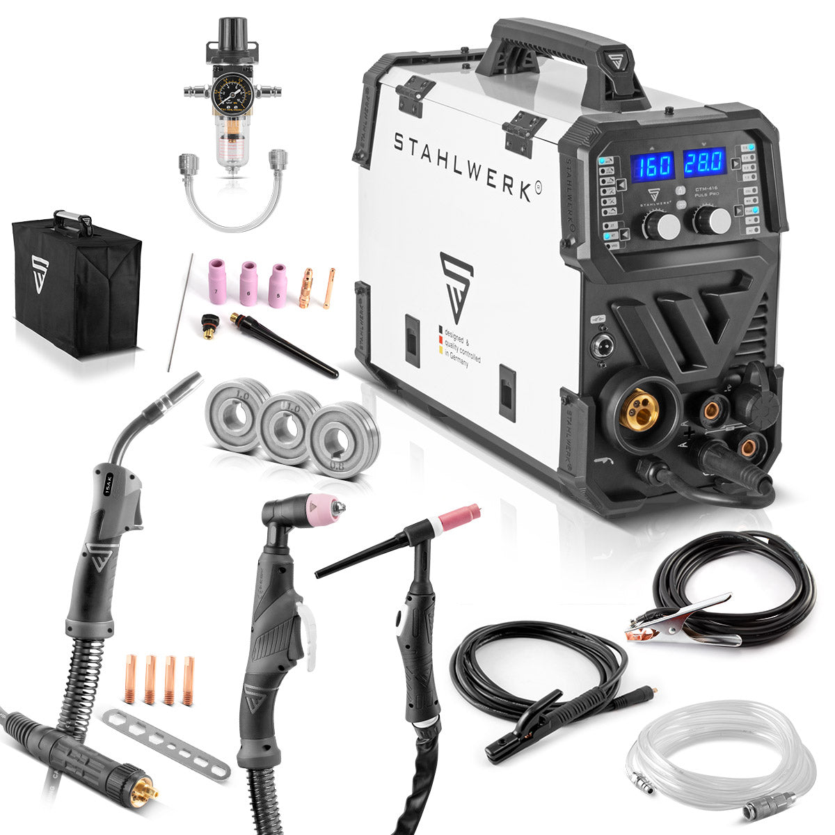 Steelworks combination welding device CTM-416 PULS Pro 6-in-1 protective gas welding device | Inverter with 160 A, pulse function, synergic wire feed and integrated 40 A plasma cutter cut | WIG | Mig Mag | Pulse | MMA | Flux